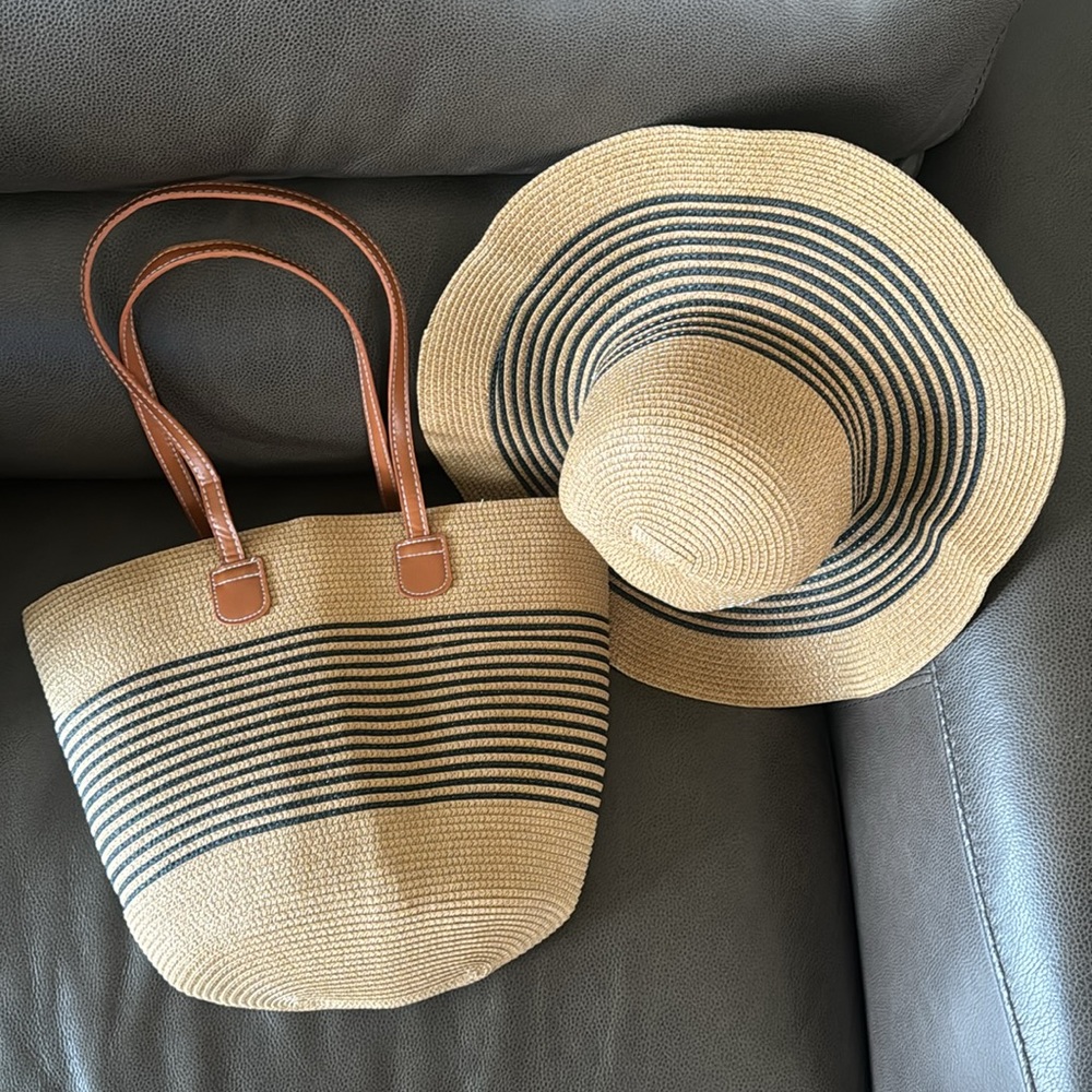 Black Stripe Straw Bag and Matching Hat